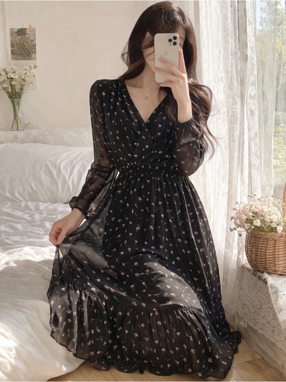 Black Floral Midi Dress Long Sleeve Sheer Sleeve Wrap Style Size S M
